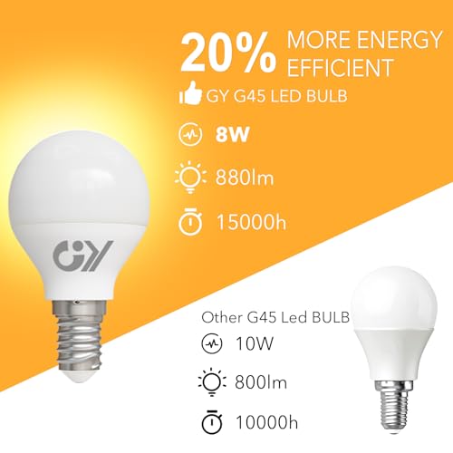 GY LED Bulb E14 Cold Light 6500K 8W 880LM, Mini Spherical Bulbs G45 Fine Thread, No Flicker, CRI>80, Energy Saving, Non-Dimmable, 12 Pieces