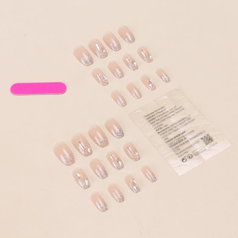 24Pcs Luxury Rhinestone Press on Nails Bling Coffin Fake Nails with Rhinestones Design Artificial Acrylic Nails Gradient False Nails Bling Glitter Glue on Nails Aurora Stick on Nails for Women Girls - Image 4