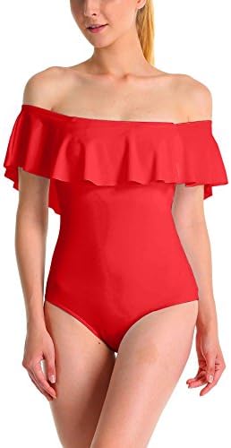 Women's One Piece Push Up Swimsuit Sexy Off Shoulder Ruffled Flounce Monokini Red XL(US12-14)