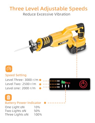 VTEK Brushless Cordless Reciprocating Saw,20V Cordless Reciprocating Saws 3 Variable Speed,0-3000RPM Reciprocating Saws for Woods/Metal/Plastic Cutting