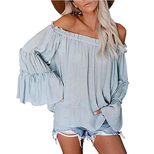 Women's Sexy Off Shoulder Bell Sleeve Shirt Tie Knot Casual Blouses Tops Loose Ruch Tank Tops Blouse Shirts Tunic (XL (US 12), Light blue)