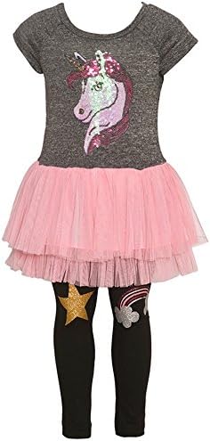 Little Girls Gray Glitter Unicorn Detail Skirted Tunic 2 Pc Legging Set 2T