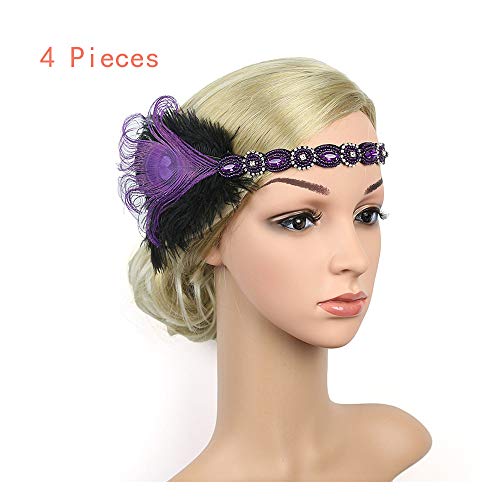 Naiflowers 1920S Vintage Luxury Headpiece Feather Flapper Headband Great Gatsby Headdress Bridal Prom Headdress (Purple-4 Pieces) - Thumbnail 3