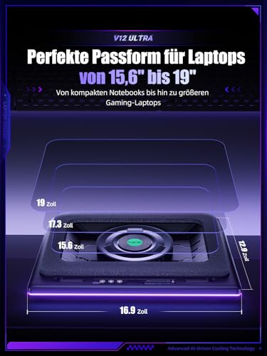 llano V12 Ultra Laptop Cooler Cooling Pad with Intelligent Software Control，RGB Gaming Laptop Cooler Intelligent Temperature Control 5.5 inch Turbo Fan, 3 USB 3.0 Ports for 15.6-21 inch Laptops.
