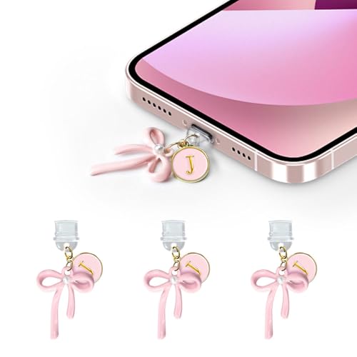 3Pcs Pink Bow USB C Kindle Dust Plug Charms for iPhone 16/15 Pro Max/Plus,Cute Initial Type C Dust Plug Covers for Phone Charging Port,Port Cover Protector Accessories for Kindle Paperwhite Colorsoft