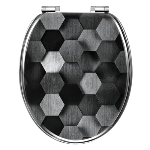 WOLTU Toilettendeckel mit Absenkautomatik, WC Sitz O Form MDF, Klodeckel mit Motiv, Klobrille Toilettenbrille WC Deckel, einfache Montage von unten, b