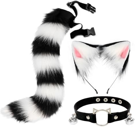 DRESHOW Fox Faux Fur Tail Cat Ears Headband Halloween Party Costume Neck Chocker Cosplay Set for Women DRESHOW Fox Faux Fur Tail Cat Ears Headband Halloween Party Costume Neck Chocker Cosplay Set for Women