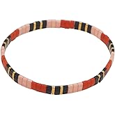 Sonateomber Tila Flat Beaded Stretch Strand Bracelets for Women Trendy Boho Friendship Handmade Black Pink Red Square Beads Stackable Elastic Bracelet Fashion Jewelry Gifts