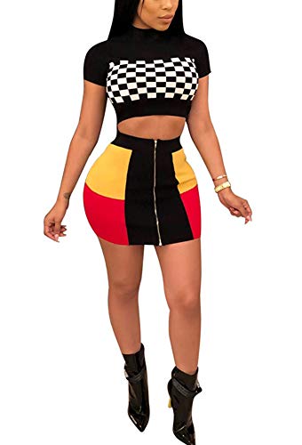 Women Two Piece Outfit - Plaid Dress Suit Short Sleeve Crop Top Skirt Set Party Clubwear XL - Thumbnail 6