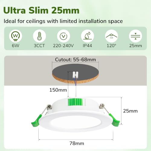 Laiebri Pack de 6 Focos LED Empotrables Extra Planos 25mm, 6W 600LM Regulable 3 Intensidades sin Regulador, 2700K 4000K 6000K, IP44 Ojos de Buey LED Techo, Corte Ø58-68mm 230V, Blanco