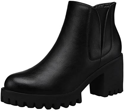 Passionow Women's Comfort Warm Fur Lined Slip-on Platform Anti-Slip Block Heel PU Vamp Ankle Booties (5 B(M)US,Black)