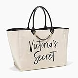Victorias Secret Tote Canvas White Gold Chain Leather Black Handle