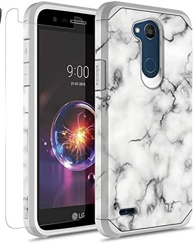Phone Case Compatible For LG X POWER 3 Case, LG X Charge, LG X Power 2, LG Fiesta 2, LG Fiesta LTE, K10 Power With Tempered Glass Screen Protector,Slim Cute Girls Women Cover For Marble White