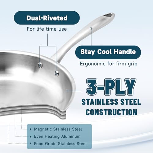 KoolShiro 3PCS Stainless Steel Frying Pan for Searing & Sauteing, 3 Ply Cookware for Durability & Even Heating, Compatible with All Cooktops Up to 600℉