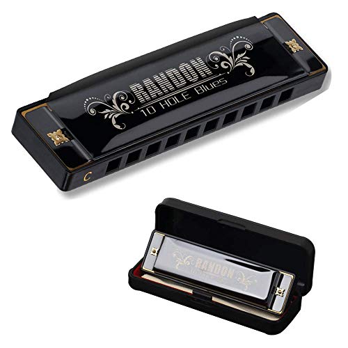 Randon Black Harmonica Key of C, 10 Holes Diatonic Harmonicas for Adults/Kids/Beginners, Blues Harmonica as Gift, with Case, Clean Cloth and Manual