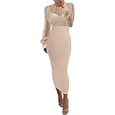 CHICME Women's Sexy Bodycon Midi Dress Mock Neck Long Sleeve Sheer Dresses Beaded Night Club Party Dresses