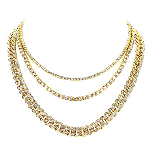 HH BLING EMPIRE Gold Silver Chain Necklace for Men Women Iced Out Diamond Tennis and Cuban Link Chain Necklaces Hip Hop Jewelry Sets 3Pc 18/20/24 Inch