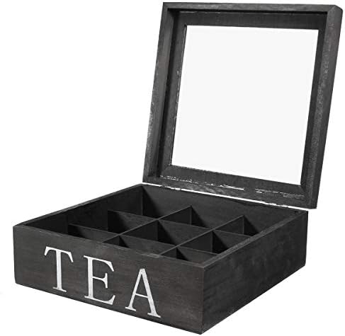 Tanchen Tea Bag Stores Wooden Tea Box 9 Compartments Hinged Glass Lid Tea Organizer