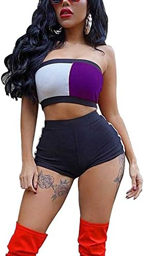 Womens Sleeveless Backless Bodycon Color Block Crop Top Short Skinny Pants Outfits Jumpsuits Purple L