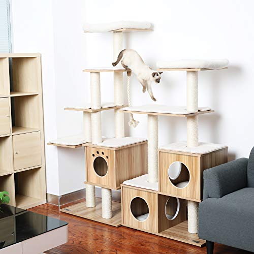 LAZY BUDDY Modern Cat Tree, 56” XL Wooden Cat Tower Scratching Posts, Cat Play House Stand w/4 Level Furniture Condo Castle for Cat's Activity, W/Removable&Washable Mats&Perch, for Kittens&Large Cats