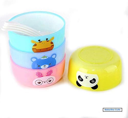 BabbarSher Crafts Food Grade Plastic Non Toxic, Eco Friendly and Stack-able Serve Bowl with Spoon Snack Bowls (Colour May Vary) Set of 4 Food Plate