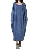 Mordenmiss Women's Long Sleeve Baggy Solid Denim Dress Blue,One Size