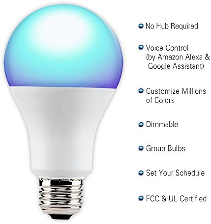Lux 450 A19 Smart Wi-Fi LED Dimmable Light Bulb, RGB, No Hub Needed,Compatible with Alexa and Google Assistant