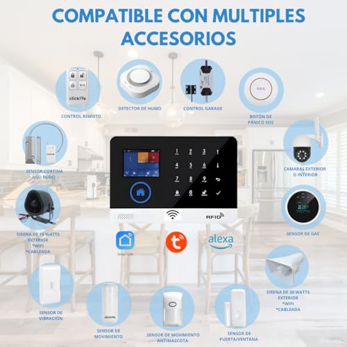 Clicklife - Kit Alarma WiFi Sistema de Seguridad Inalambrica para Casa y Negocio con App Celular, Compatible con Google y Alexa Notificaciobnes en Tiempo Real (10 Sensores, Control de 100 Zonas)