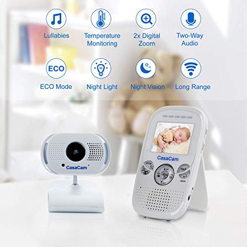 CasaCam BM100 Video Baby Monitor with Digital ClipCam, Two-Way Audio, Automatic Night Vision, Temperature Monitoring, Night Light and Lullabies