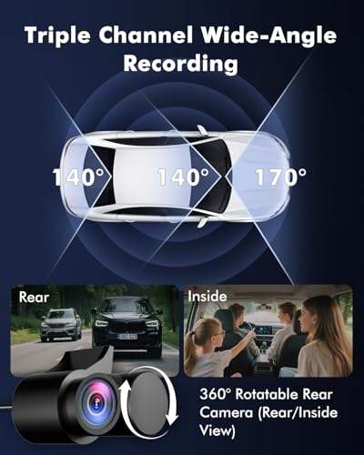 Frvesroe 4K 3 Channel Dash Cam Front and Rear Inside for Uber Taxi, Dual Front Lens, Interior Night Vision, WiFi 6 GPS, 24H Parking Mode, 64GB Card, Heat Resistant Dashcam for Cars (V1)