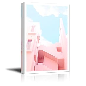 Canvas Wall Art - Drawing of Fresh Pink Color Tone Building with Sunny Sky - Giclee Print Gallery Wrap Modern Home Art Ready to Hang - 12" x 18"