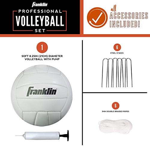 Franklin Sports Volleyball Net Professional Set - Includes Pro Style Volleyball with Pump, Adjustable Net, Stakes, Ropes - Beach or Backyard Volleyball - Easy Setup (Renewed)