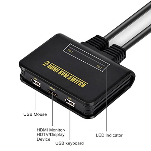 iKKEGOL 2 Port USB HDMI KVM Switch Switcher Build in Cable for 2 PC Share HDTV Monitor Keyboard Mouse Sharing