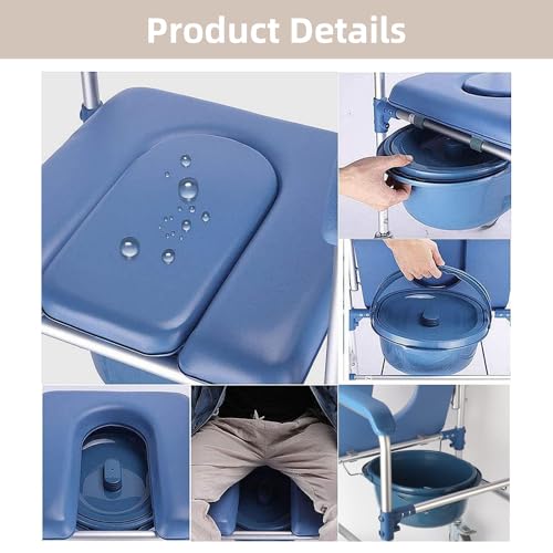 ybaymy 4-in-1 Wheeled Shower Chair, Bathroom Shower Chair with Wheels for Elderly, Waterproof Wheeled Commode Toilet Chair with Removable Bucket, Bedside Commode Chair on Wheels for the Disabled