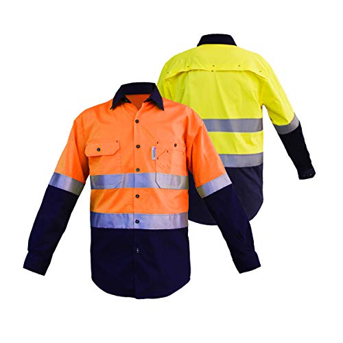 Construction Work Shirts for Men, Button up Long Sleeve Safety Shirt, Class 2 Level 155gsm 100 Cotton Drill Hi Vis Work Shirts(Medium, Orange/Navy)