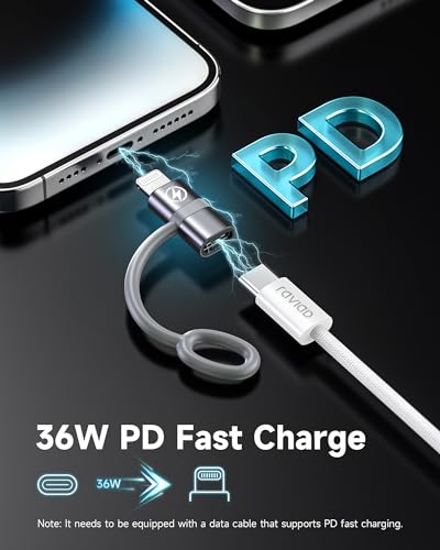 RAVIAD 36W USB C auf Lightning Adapter (2Stück), Lightning USB C Adapter für iPhone 14 13 12 11 Pro Max, Pad Pro/Air 5/Mini 6, Pod Nano/Touch mit Anti-Verlust-Seil, Nicht für Audio/OTG