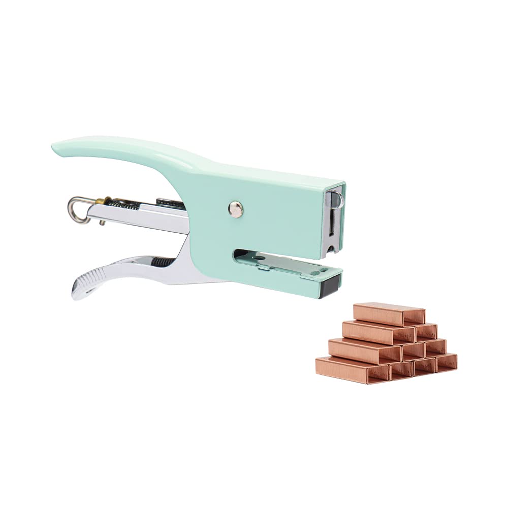 Mint Green Plier Stapler with #10 Staples Set, Cute Manual Stapler with 1000 No.10 Rose Gold Staples for Office and Home Desk Accessories Supplies (Mint Green Stapler)