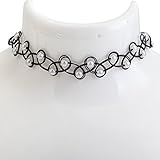 Refined Black Stretchable Woven Choker / Collier Necklace In Vintage Boho Style With Invisible Clasp Fastening, Henna Tattoo Effect And White Pearls / Beads Decorations By VAGA