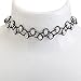 Refined Black Stretchable Woven Choker / Collier Necklace In Vintage Boho Style With Invisible Clasp Fastening, Henna Tattoo Effect And White Pearls / Beads Decorations By VAGA