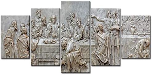 Lwfoy 5 Pieces The Last Supper Wall Art Painting Canvas Prints Jesus Religious Decor Frieze Sculpture Home Decorations Stone Carving Three-Dimensional Relief