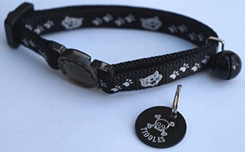 PERSONALISED SKULL & CROSSBONES CAT TAG &REFLECTIVE BLACK SAFETY RELEASE SNAP BUCKLE CAT COLLAR
