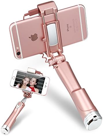 MiniPai Selfie Stick with Full Fill Light &amp; Rear Mirror,and Bluetooth Remote Shutter Monopod Fill Light for iPhone Samsung Android Phones (Rose Gold)