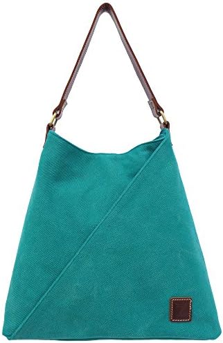 TATYZ Women Bright Color Organic Cotton and Genuine Leather Trapezium Single Handle Summer Tote Bag (Teal)