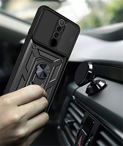 PANXIYUE Xiaomi Redmi 9 Case, Sliding Window Armoured Shockproof Dual Layer Hard PC and TPU Silicone with 360° Magnet Ring Stand Case Cover for Xiaomi Redmi 9, Black