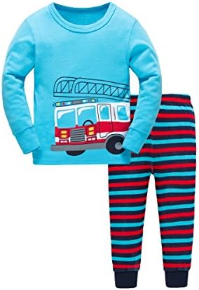 Boys Fire Truck Pajamas, Little Kids Pjs Sets 100% Cotton Toddler Sleepwears Size 2T-7T(Blue 7T)