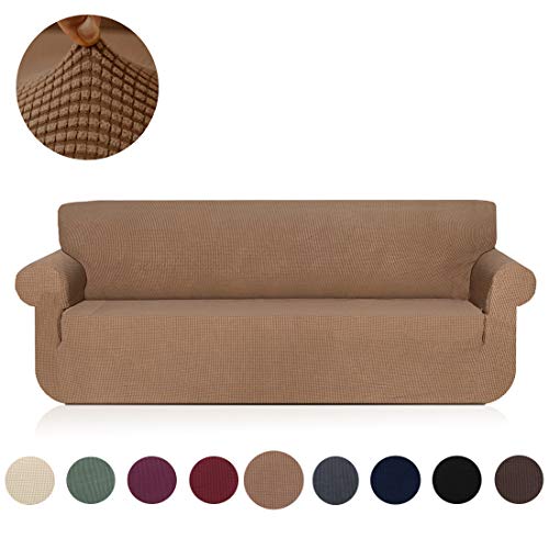 misaya Stretch Sofa Cover Soft Non-Slip Furniture Protector Jacquard Checks 1-Piece Couch Slipcover for Sofa Extra Large, Camel