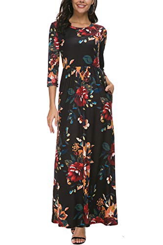Zattcas Women's Floral Maxi Dress 3/4 Sleeve Casual Long Printed Maxi Dresses with Pockets (Large, 3/4 Sleeve-Black Multi)
