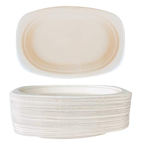 Oval Disposable Plates. 100 Compostable White Oval 12.5inch Paper