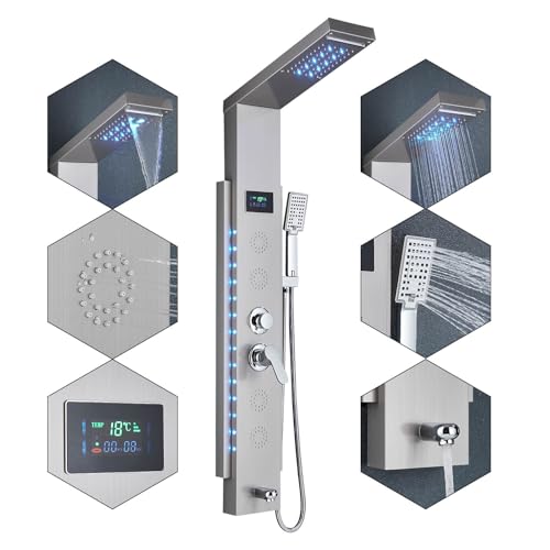 Panel de Ducha con Grifo para Bañera y Hidromasaje LED - Kit Completo en Acero Inoxidable Antical, 5 Funciones (Cabezal Fijo, Ducha de Mano, Caño), Fácil Instalación
