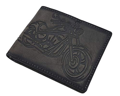 myledershop Buffalo Full Leather Wallet with Motorcycle-Motif - with RFID & NFC Blocking (Grey)